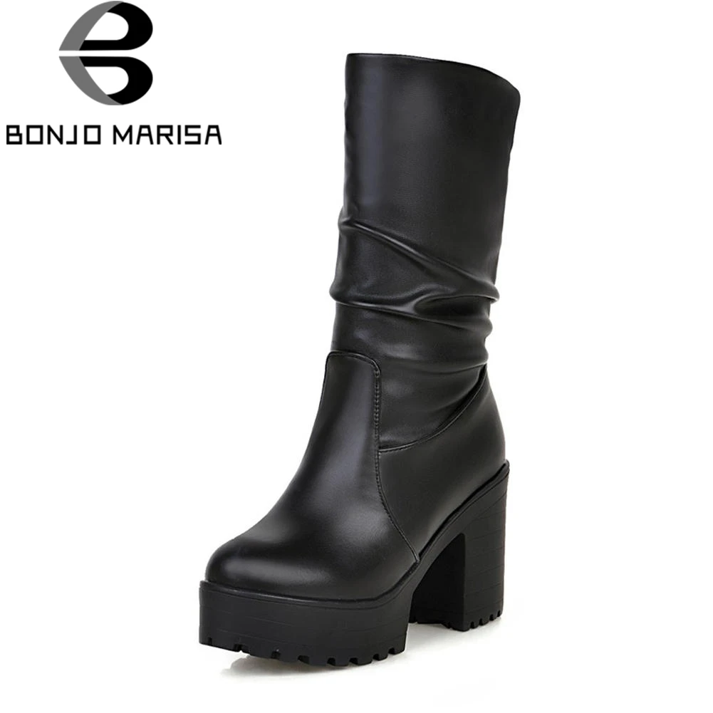 

BONJOMARISA New Solid Square High Heels Round Toe Platform Shoes For Women Casual Winter Boots Female Large Size 34-46