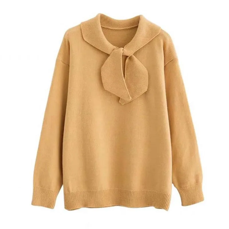 

2019 Autumn Women Sweater New Small Fresh Bow Sweaters Female Korean Version Lapel Collar Sweet Knit Pullover Women TopsHC100