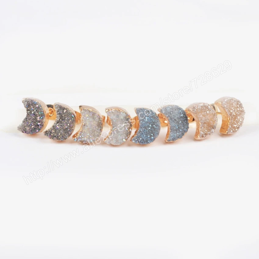 5pcs Gold Color Moon Natural Crystal Titanium Mix Druzy Stud Earrings High Quality Drusy Jewelry Free Shipping G0913 | Украшения и