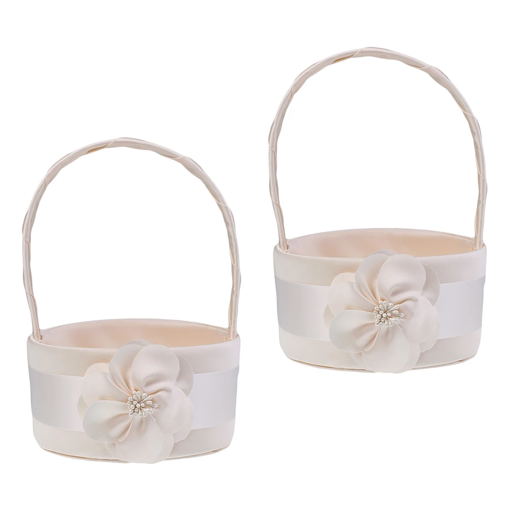 2pcs Champagne Satin Flower Girl Basket, Wedding Bridal Ceremony Supplies, Girl Basket with Ribbon Flower Decoration