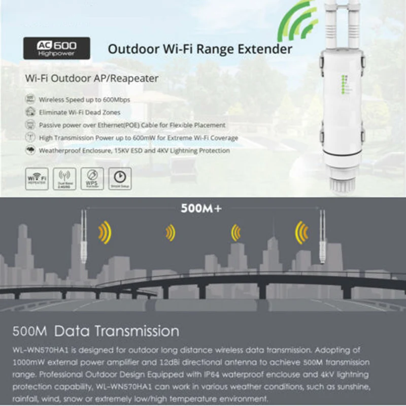 Внешний Wi Fi роутер Chielecna AC600 высокой мощности/точка доступа/CPE/WISP Беспроводной