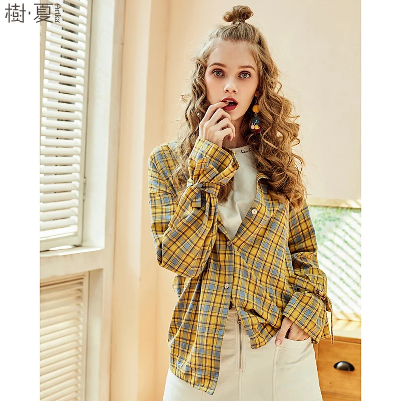 ARTKA 2018 Summer Female New Pure Cotton Full Bow Flare Sleeve Shirt Preppy BF Style Loose Plaid Blouse Thin Coat SA10380C