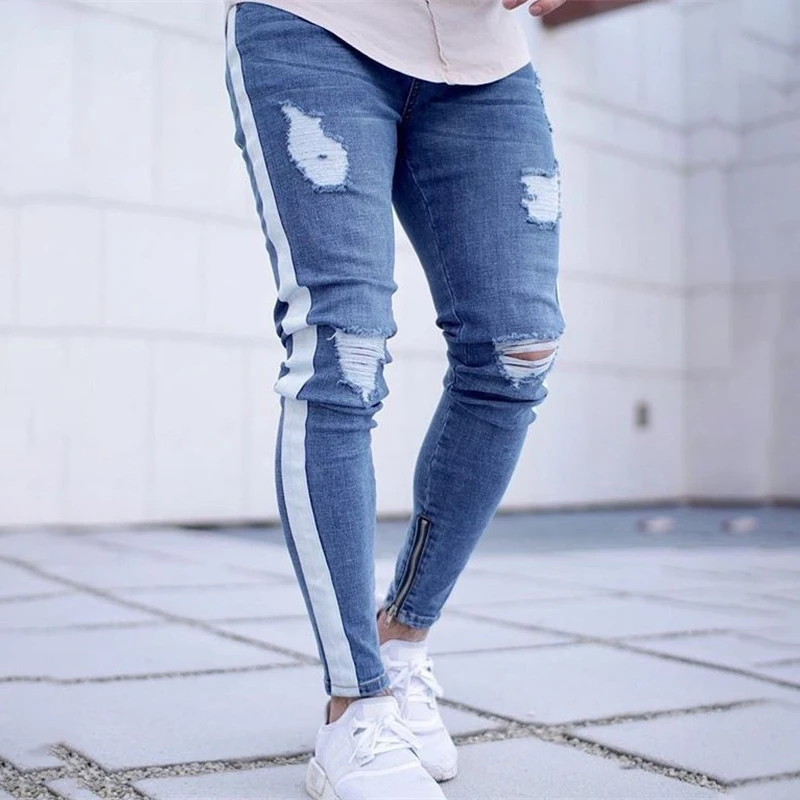 

Fashion casual jeans 2019 on the new motorcycle jeans skinny jeans men blue and white C1301