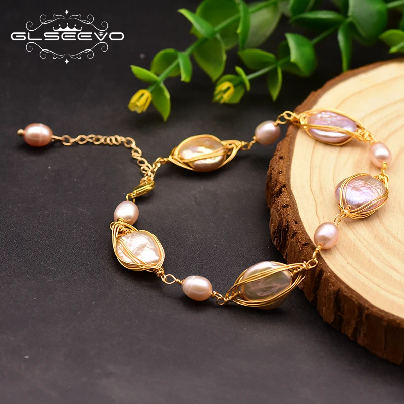 

GLSEEVO Original Design Natural Fresh Water Baroque Flat Purple Pearl Adjustable Bracelet For Women Gift Fine Jewelry GB0138