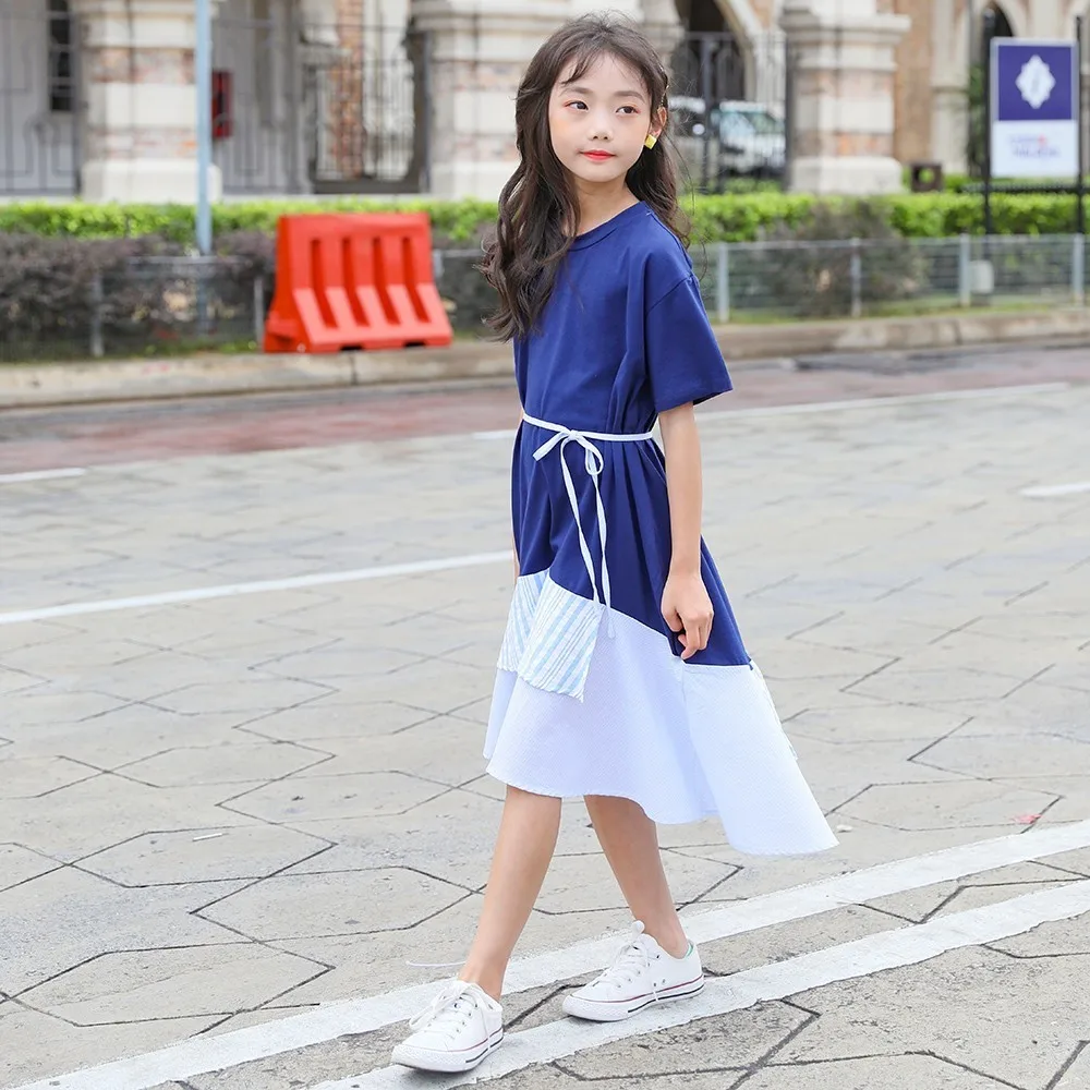 New 2020 Summer Striped Patchwork Big Girls Dresses Kids Toddler Dress Girl Princess Children White Blue Clothing | Детская одежда и