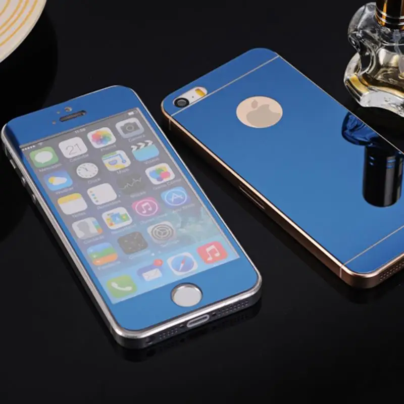 2 шт передняя+ задняя крышка для iPhone 4, 4S, 5, 5S, SE, 6, 6 S, 7, 8 Plus, X, 10, закаленное стекло, полное покрытие, зеркальный эффект, цветная защитная пленка, без логотипа