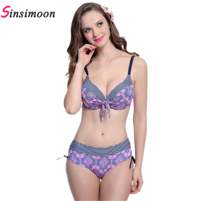 Сексуальный розовый купальник в полоску с принтом большие чашечки размеры