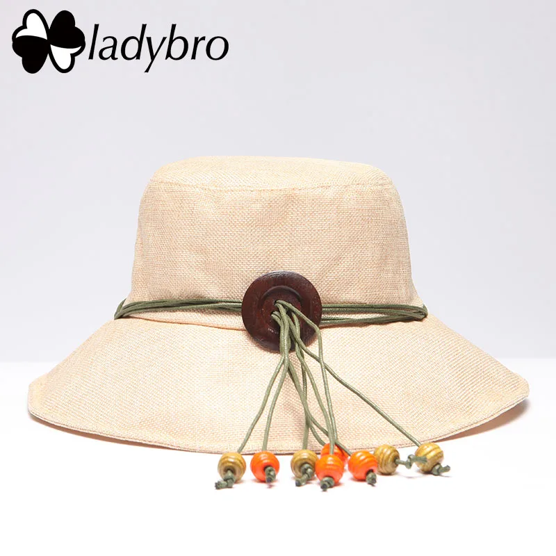 Ladybro брендовая летняя пляжная шляпа с большими полями, женская шляпа с деревянными бусинами для женщин, женская панама, головной убор для отдыха и путешествий - Цвет: 009 beige