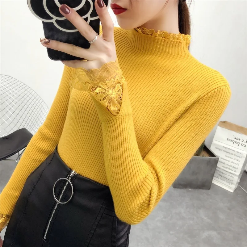 2018 autumn and winter new Korean version of the slim long-sleeved lotus leaf collar solid color lace bottoming sweater swe |