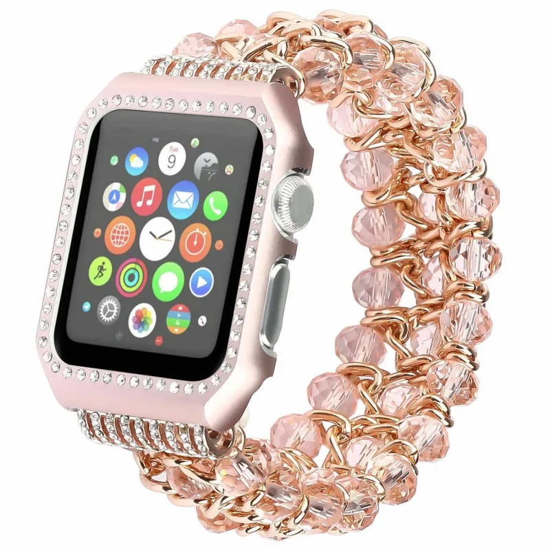 Для женщин агат стрейч браслет для Apple Watch группа 38/42 мм изделия ремешок для iWatch серии 3 2 1 ремень w Bling Защитная крышка