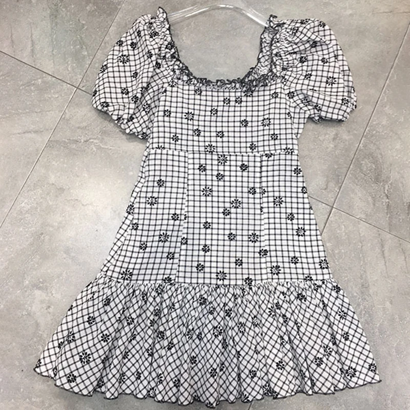TWOTWINSTYLE Summer Plaid Print Women Dress V Neck Puff Sleeve High Waist Lace Up Slim Mini Dresses Female Fashion Clothes