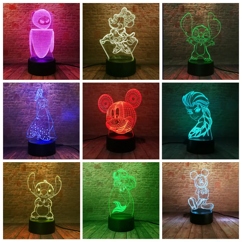 Amroe Горячая 3D с изображением мультипликационного персонажа Kawaii персонажей Ститч Минни Микки робот принцессы queen «Принцесса Эльза» для девочек, 7 цветов RGB светодиодный ночной Светильник подарки для детей