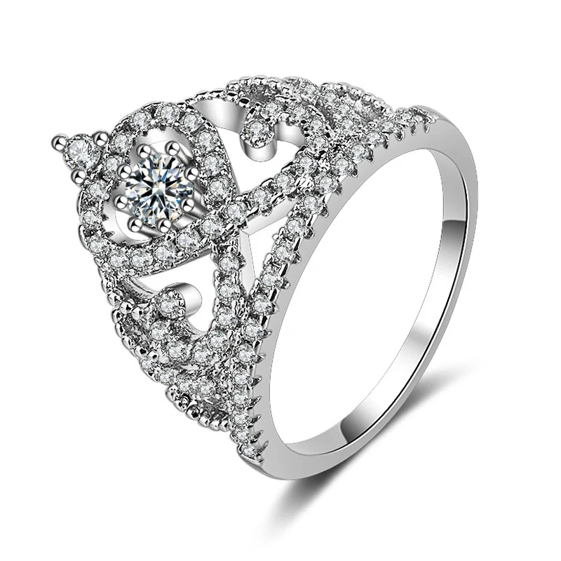 Роскошный 585 белый золотой цвет влюбленных Корона кольцо с фианитом класса ААА