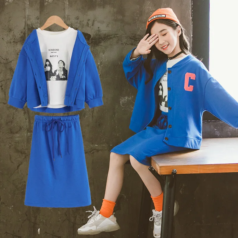 Fashion Kids Girls Clothing Sets Casual Cardigan Coat+T-shirt+ Skirt Suits 3pcs for Teenage Autumn Children Clothes School Sets