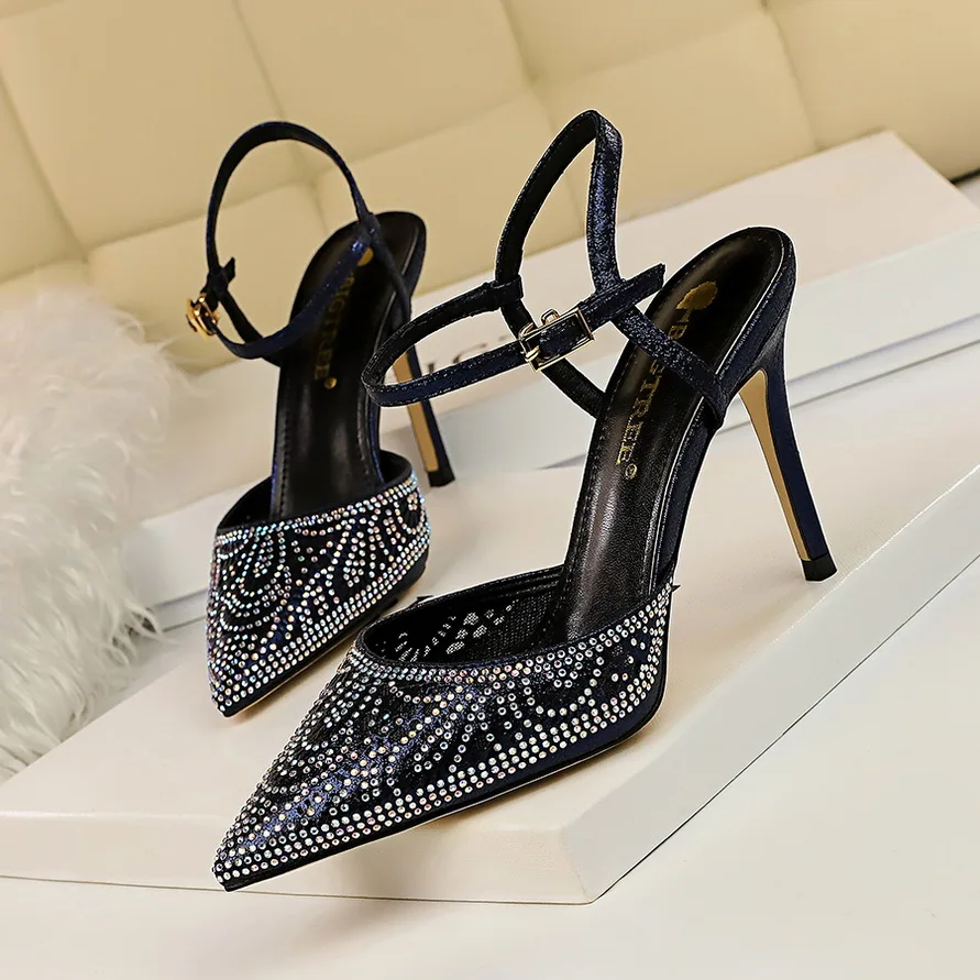 

BIGTREE Sandals Fashion Women High Heels Crystal Hollow Out Nets Shoes Sexy Pointed Toe Shallow Heels Elegant Office Shoes 2019