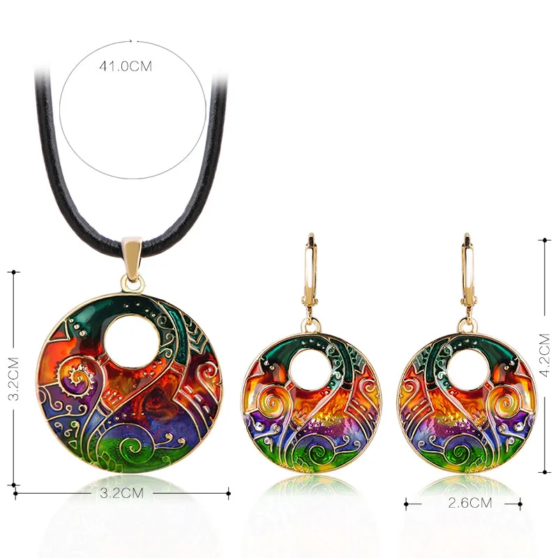 Blucome Colorful Big Round Necklace Earrings Set Rope Chain Choker Pendant Long Drop Pendientes Women Girls Enamel Jewelry Sets|enamel jewelry