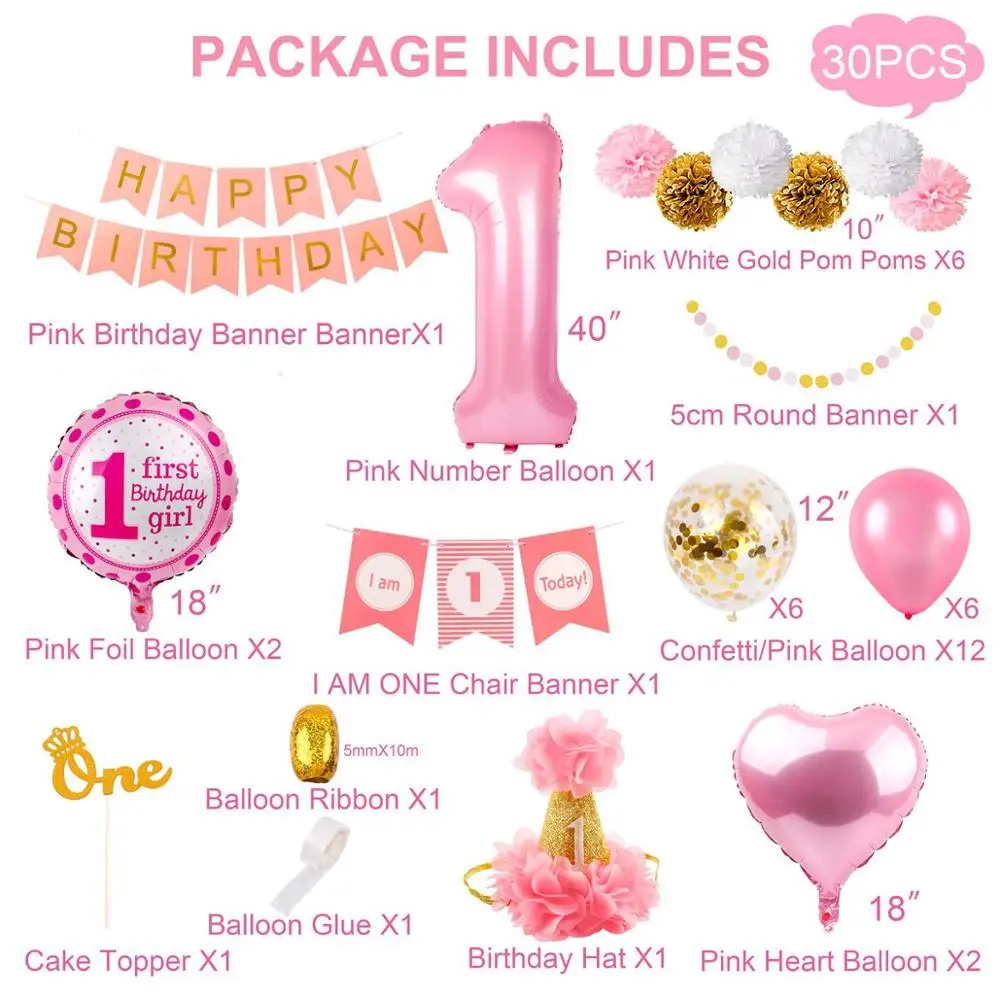 Girls 1st birthday 30 шт. первый день рождения украшения первый день рождения девушка вечерние украшения 1 год День рождения украшения детский душ Декор один год - Цвет: Girls 1st birthday