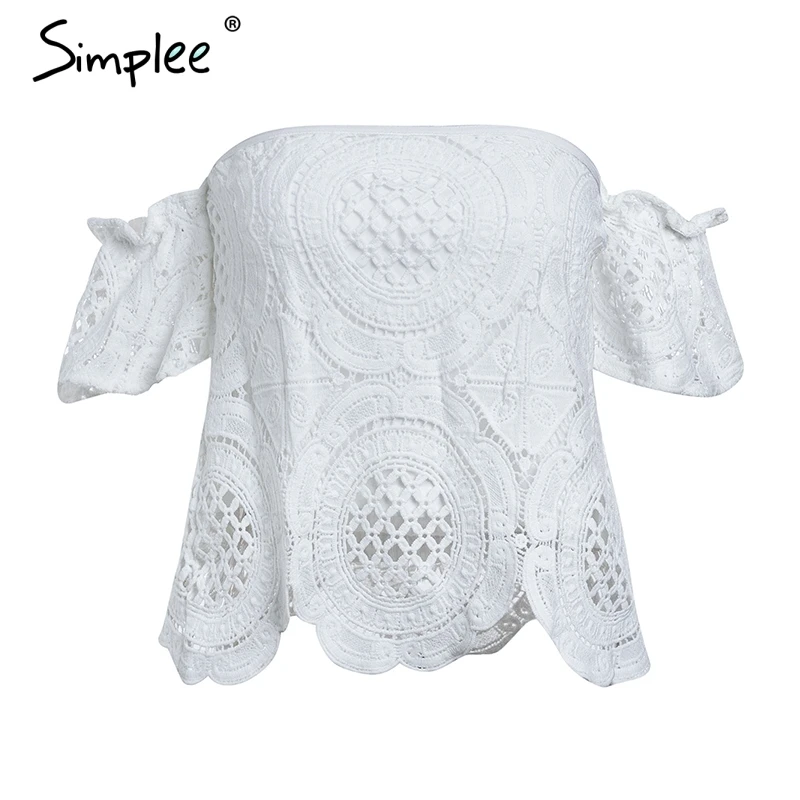 White Женская белая кружевная рубашка Simplee, привлекательная полая блузка с открытыми плечами, элегантная камисоль с расклешенными рукавами, майка на лето - Цвет: White