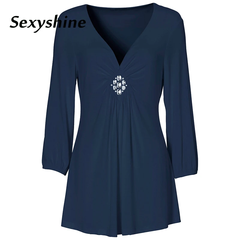 

V neck beading diamond tshirt women spring sexy pleated long sleeve solid casual OL slim fit ladies Ruched pullover tee tops