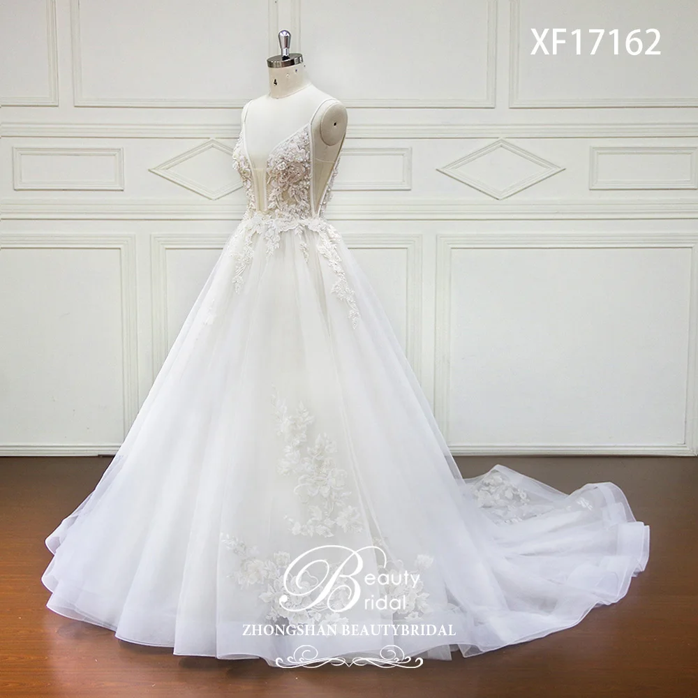 Wedding Dresses  V-Neck Court Train Lace Applique Crystal Beading Bride Dress Gowns Vestidos De Novia XF17162