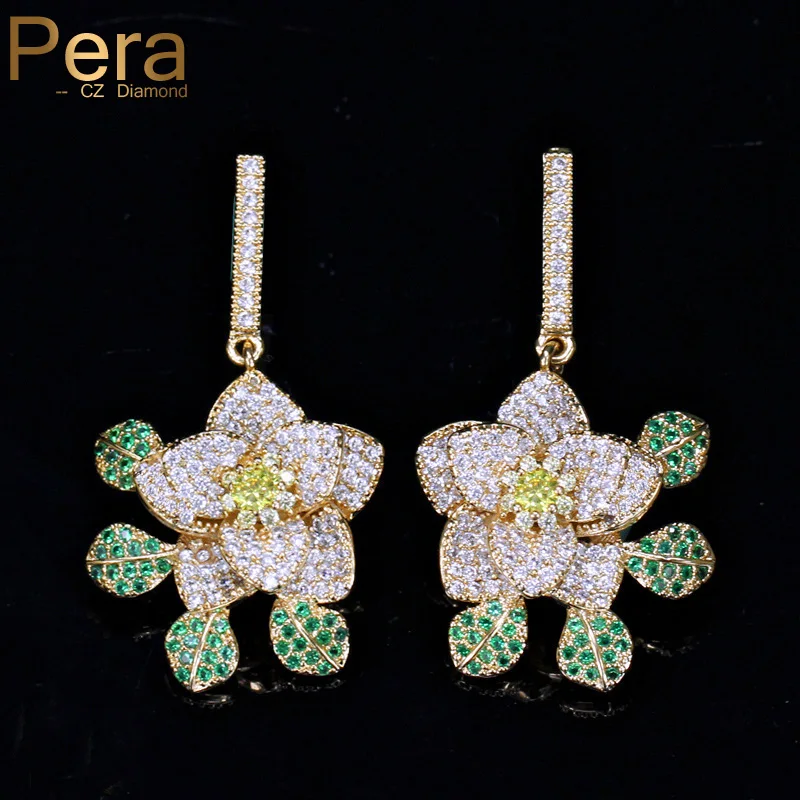 

Pera Full Shinning Micro Pave Cubic Zirconia Big Flower Green Long Dangle Silver Colour Earrings for Women Party E060