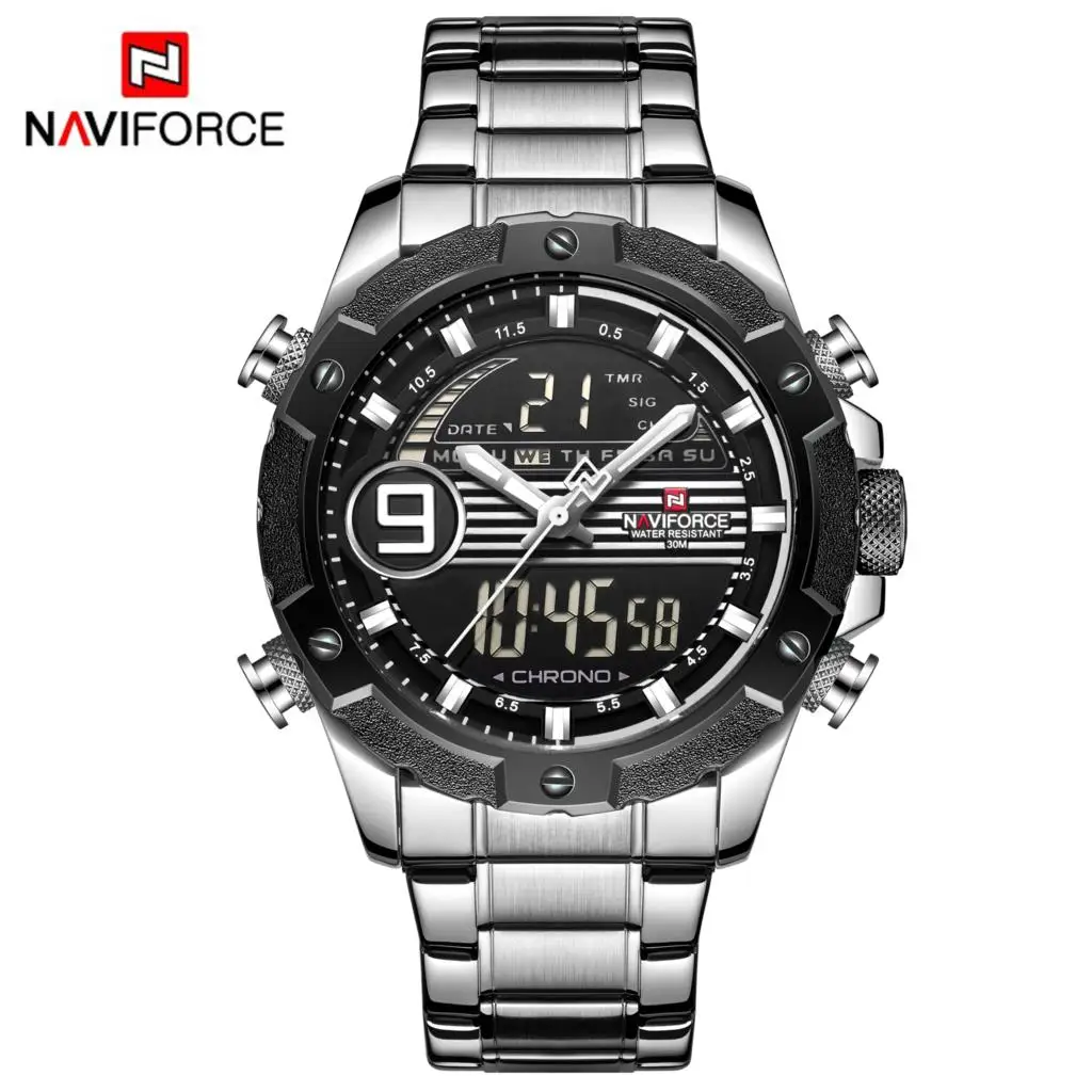 Silver Black NAVIFORCE модные спортивные мужские часы Мужские кварцевые цифровые часы люксовый бренд полная сталь военные наручные часы Relogio Masculino синий - Цвет: Silver Black