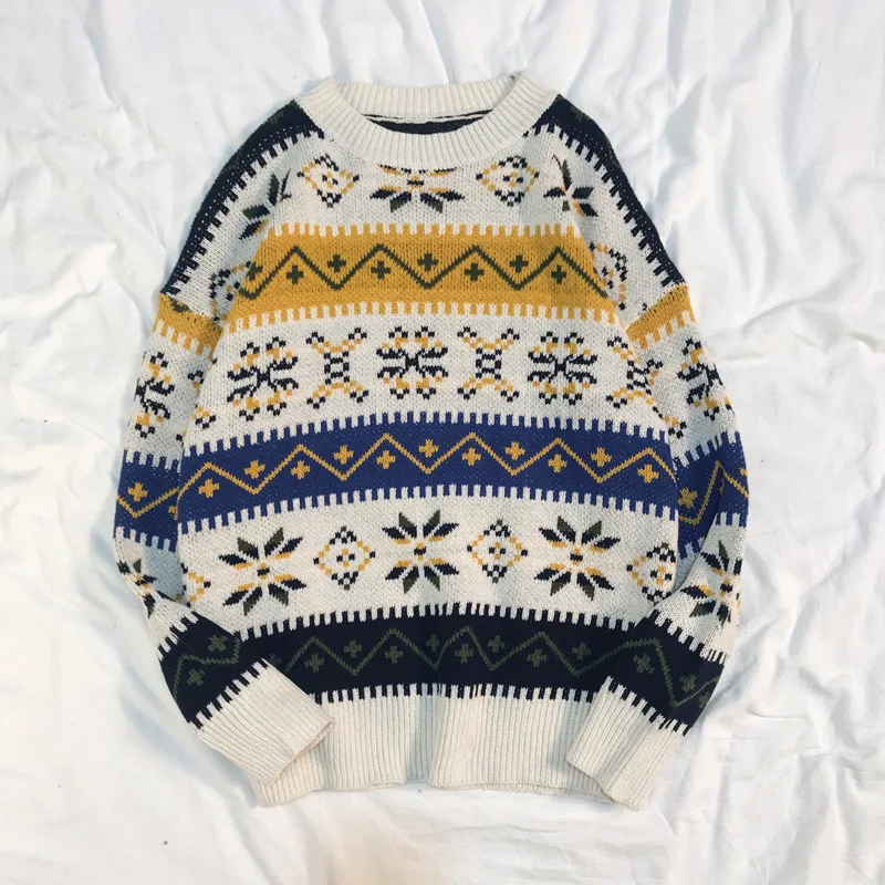 2020 Vintage Sweater Women Oversized Long Sleeve Loose O-Neck Knitted White Geometric Pattern Embroidery Sweaters Female | Женская