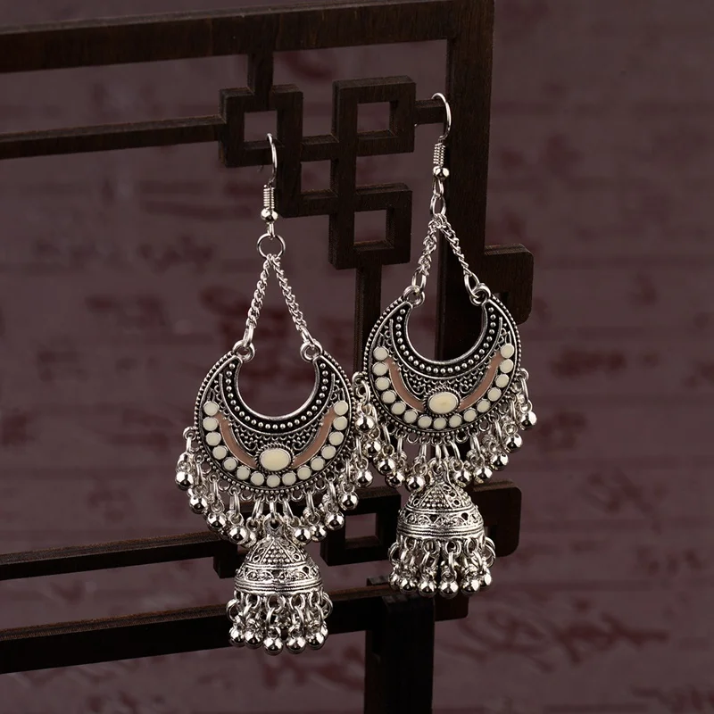 TopHanqi цыганские украшения, индийская Jhumka, длинные маленькие серьги-колокольчики с бахромой и кисточками, античный этнический Сплав серебра, висячие серьги для женщин