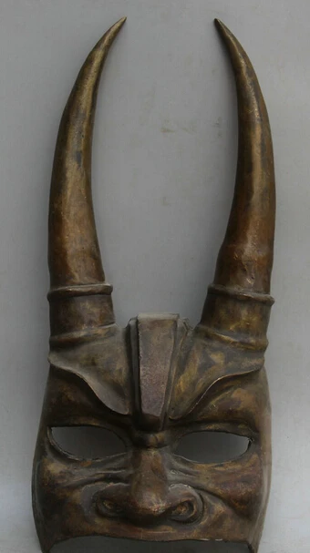 JP S0524 16&quot Old Chinese Copper Folk Evil Beast horn Head Face facepiece vizard mask | Дом и сад