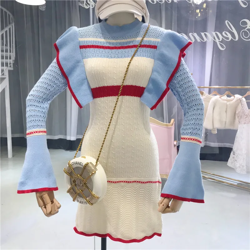 Amolapha женское модное Полосатое лоскутное платье с оборками вязаные платья