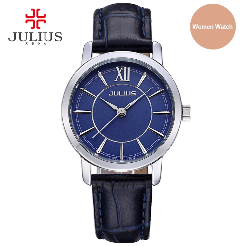 Элегантные женские часы Julius с круглым ремешком и кожаным простые серебристые