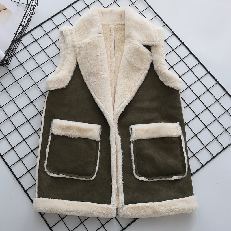 Винтажные зимние женские искусственного меха жилет цвета хаки кожа Sude меховой