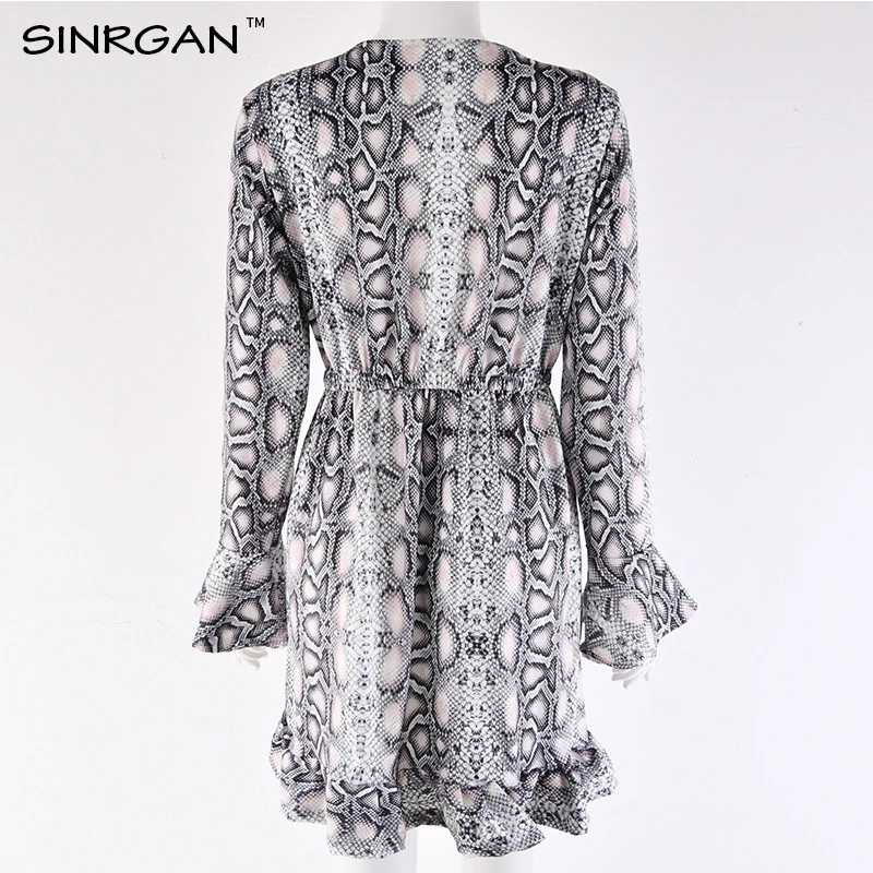 SINRGAN платье с длинным рукавом и змеиным принтом женщины vestidosвинтаж А линия V