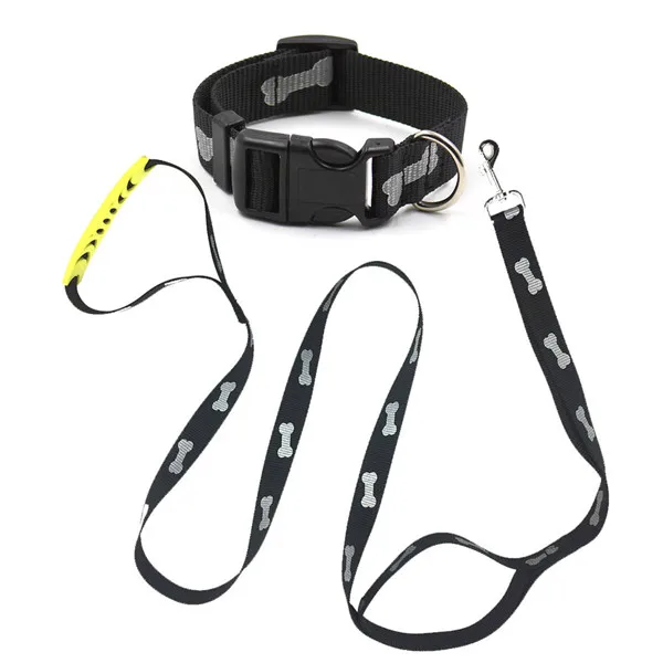 Luminous or Reflective Dog Leash+Collar Bone and Paw Pattern Nylon Double Handle Leash Adjustable puppy Pet dog collar | Дом и сад