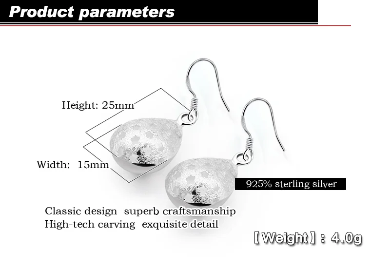 Elegant ladies 925 sterling silver earring frosted drop pendant design real earrings party charm jewelry Valentine's gift | Украшения и