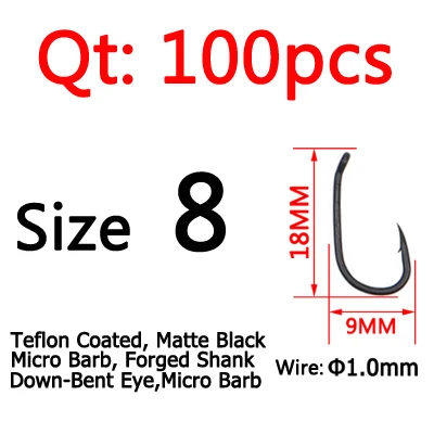 Size 8 100pcs ICERIO 100 шт. матовые черные тефлоновые с покрытием из высокоуглеродистой стали Карп рыболовные крючки Micro Barb Withy бассейн Rig крюк - Цвет: Size 8 100pcs