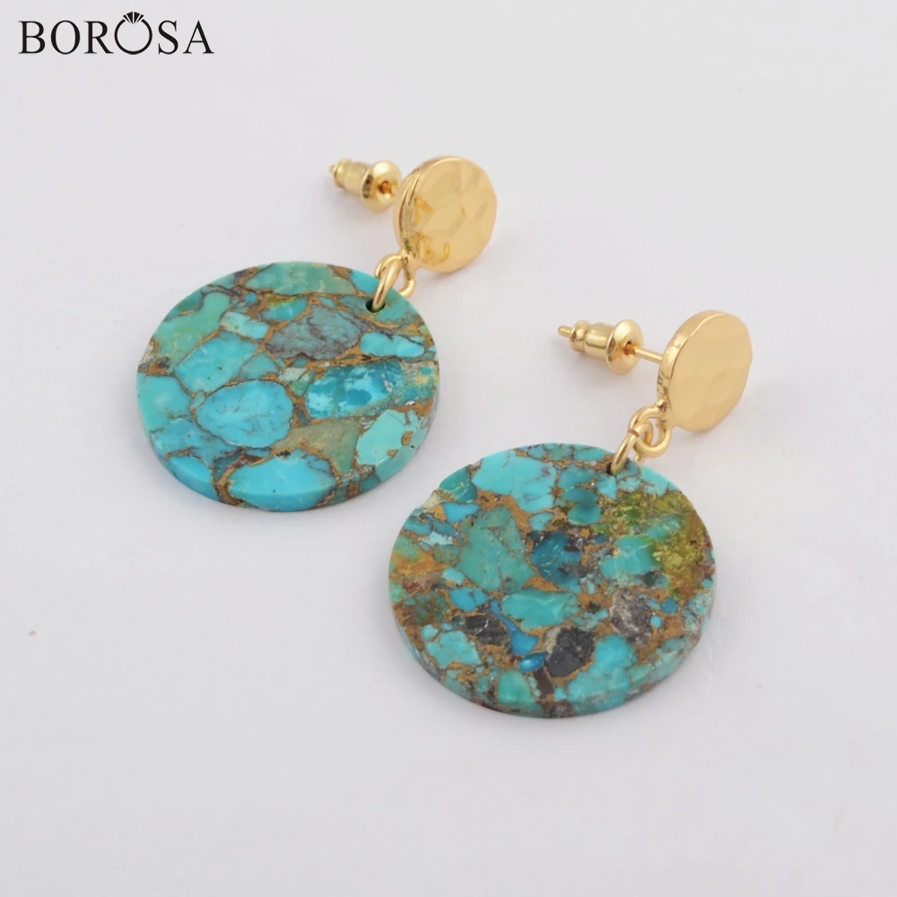 

BOROSA 5/10Pairs Gold Color Round Natural Copper Turquoises Drop Earrings Howlites Gems Slice Dangle Earrings as Gifts G1797