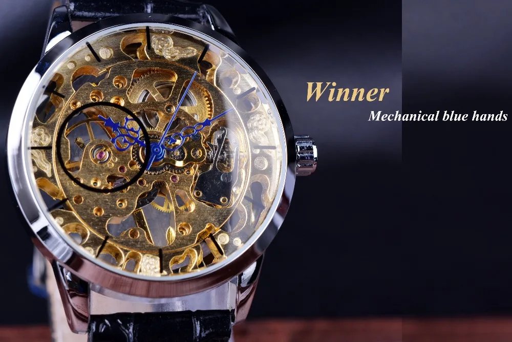 Часы Winner мужские модные повседневные механические с синими стрелками и золотым