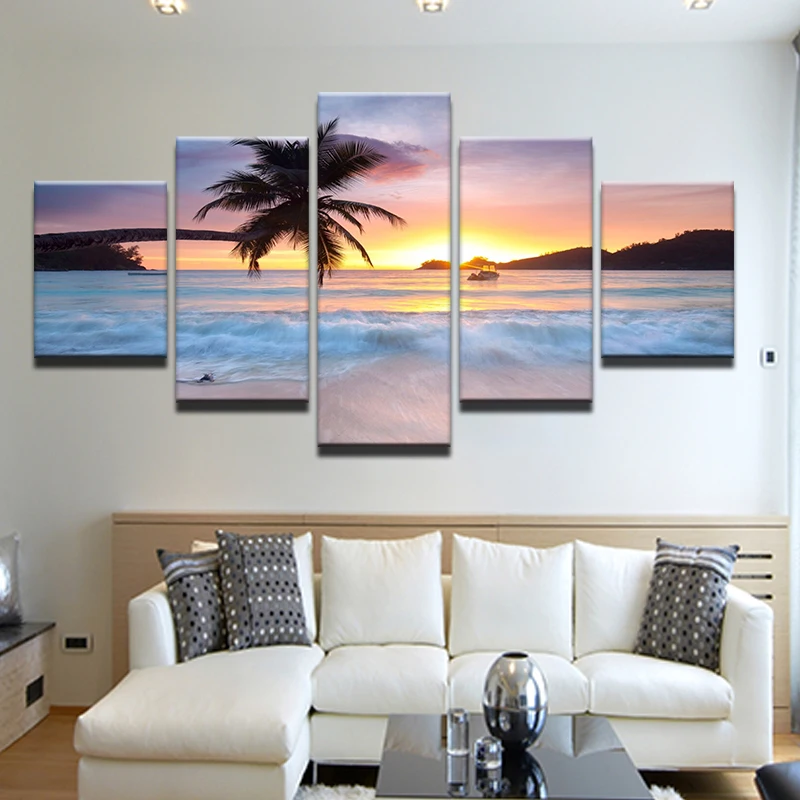 5 Pieces Canvas Art Landscape Painting Beach Wall Pictures for Living Room Home Decor No Frame | Дом и сад
