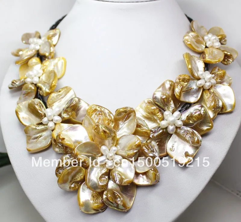 Ожерелье с жемчугом Perfect Gold yellow Shell цветочным цветком и белым культивированным