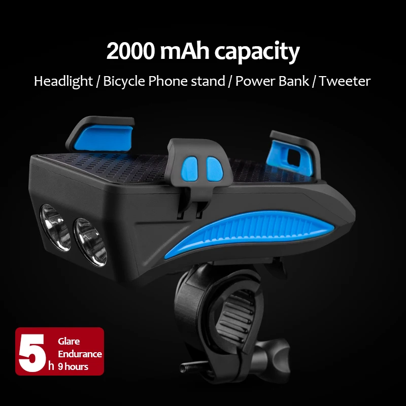 Blue 2000mAh Многофункциональный светодиодный фонарь для велосипеда USB Перезаряжаемый велосипедный фонарь с держателем для телефона велосипедный Рог подсветка 2000/4000mAh power Bank - Цвет: Blue 2000mAh
