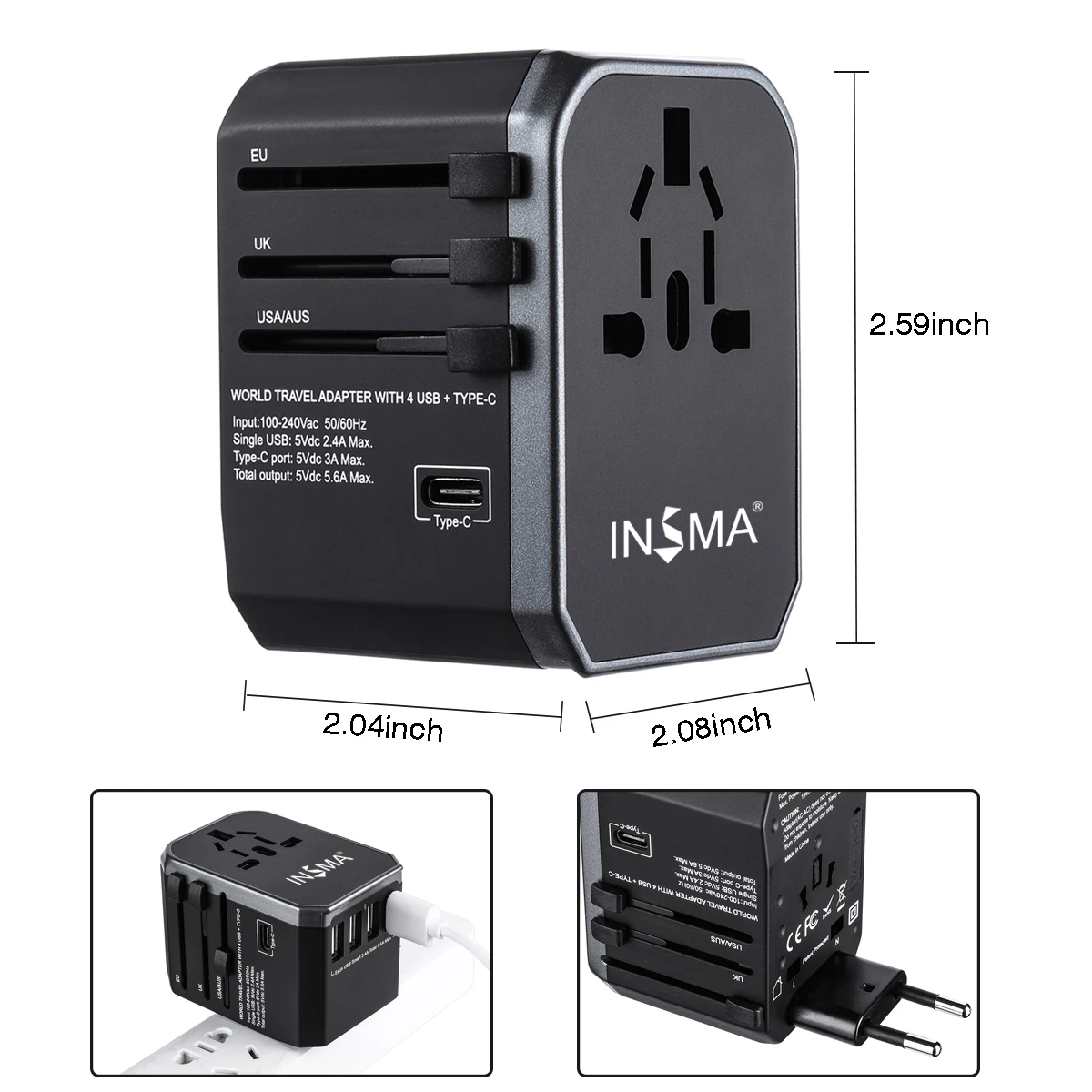 Всемирно известный адаптер для путешествий Электрический Вилки розетки 4 USB 2.4A Порты и разъёмы+ Тип-C Мощность адаптер Универсальный адаптер переменного тока в постоянный ток стены Зарядное устройство для ЕС/США/Австралии/Великобритании