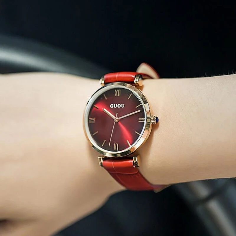 GUOU простые модные часы женские ударопрочные римские с кожаным ремешком|horloge