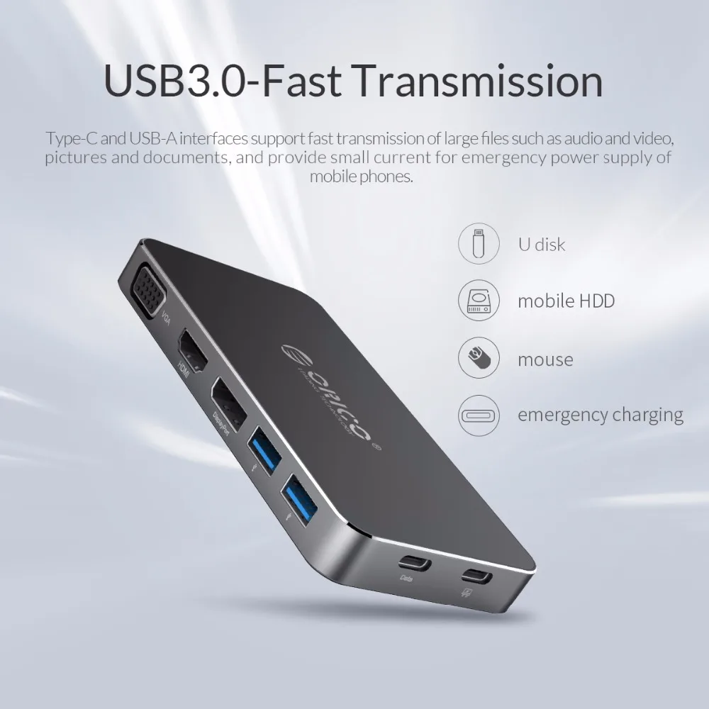 ORICO 8 in 1 Type-C Docking Station Multifunction HUB Laptop Splitter USB C to DP HDMI VGA with 2*USB 3.0 Converter PD |
