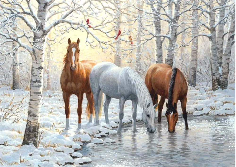 Horse Couple with Cat Snow Scene Animal 5d Diy Diamond Painting Digital Oil Embroidery Mosaic T6228 | Дом и сад