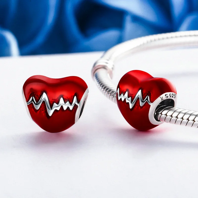 QELROE 925 пробы серебро любовь сердце ЭКГ и красной эмалью Для женщин бусинами fit