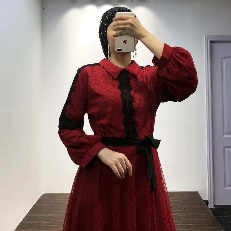 Kantor Wanita Musim Semi Patchwork Renda Ramadan Wanita Muslim Gaun Malaysia Indonesia Wanita Merah Gaun Kasual Pakaian Y25