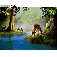 zooya diamond embroidery 5d diy diamond painting deer eating grass by the river embroidery with diamonds sunset scenery r590