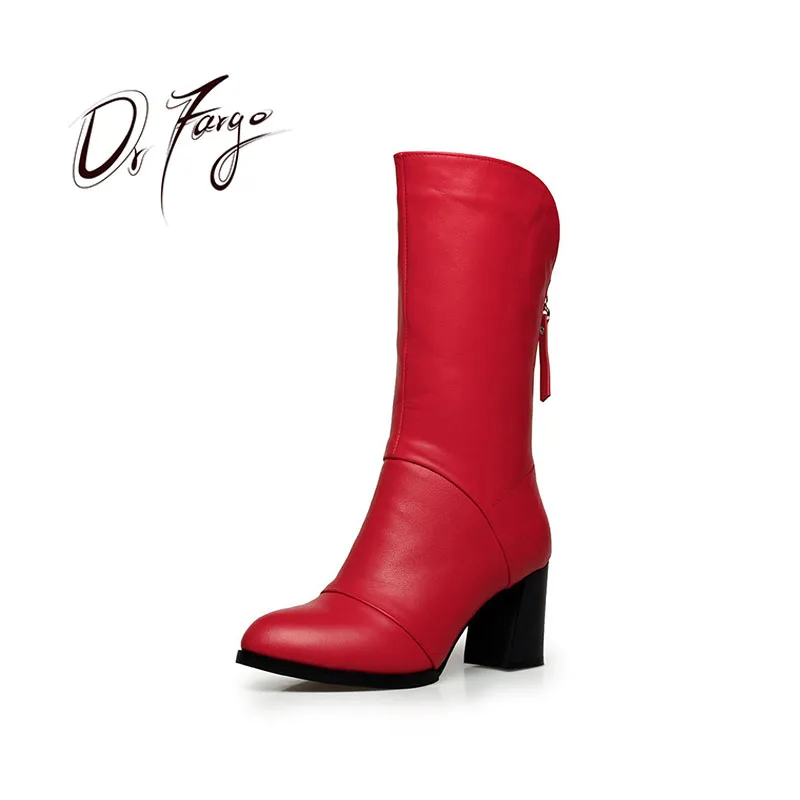 

DRFARGO 2019 Fashion Boots Genuine Leather Mid Calf Boots Winter Spring Warm Snow Boots Round Toe Square Heel zipper Boots 34-40