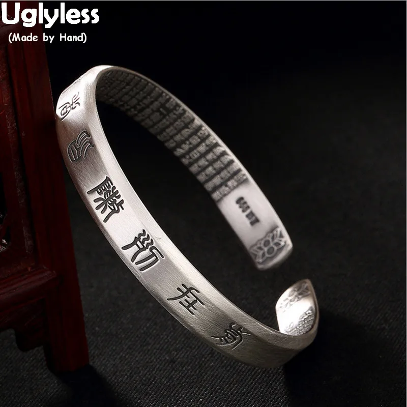 

Uglyless Heart Sutra Wide Bangles for Buddhists Gifts Fine Jewelry Real 99.9% Full Silver Open Bangles Buddhism Fine Jewelry